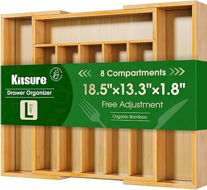 Kitsure Silverware Organizer - Expandable Bamboo Kitchen Drawer Organizer for