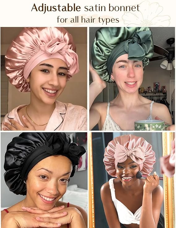 Image of YANIBEST Adjustable Silk Bonnet for Sleeping Women Double Layer Satin Bonnet Reduce Friction Prevent Frizz Curly Hair