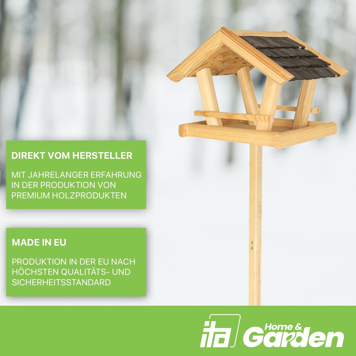 ITA Vogelfutterhaus Glück 36x25x26 cm aus Holz - Vogelhaus für Garten, Terrasse, Balkon - Vogelfutterspender für Wildvögel - Wetterfest, Stabil, Robust - Direkt vom Hersteller - EU Produkt