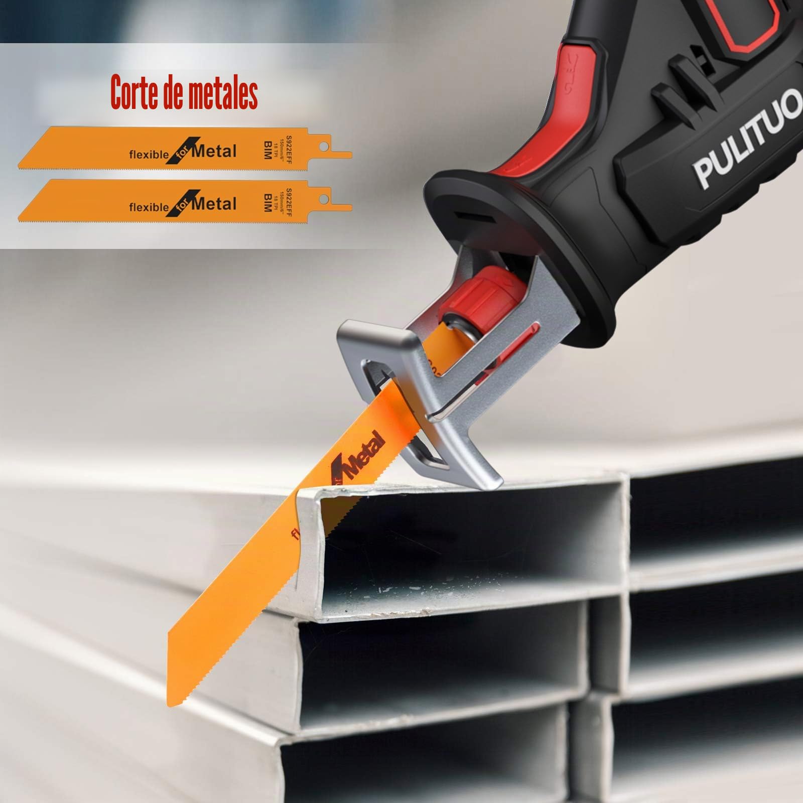Sierra Sable Inalámbrica,PULITUO 12V Sierra Alternativa con velocidad variable 0-2700RPM,sierra recíproca kit,2.0Ah Batería&1h Cargador Rápido,4 Hojas de Sierra Para Cortar Madera y Metal