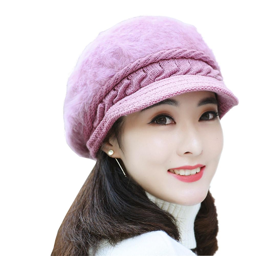 AYILUOBE Women Winter Hat with Visor Knitted Beanie Caps Wool Hats Elastic Soft Ear Protection Warm Hat Newsboy Cabbie Cap Purple