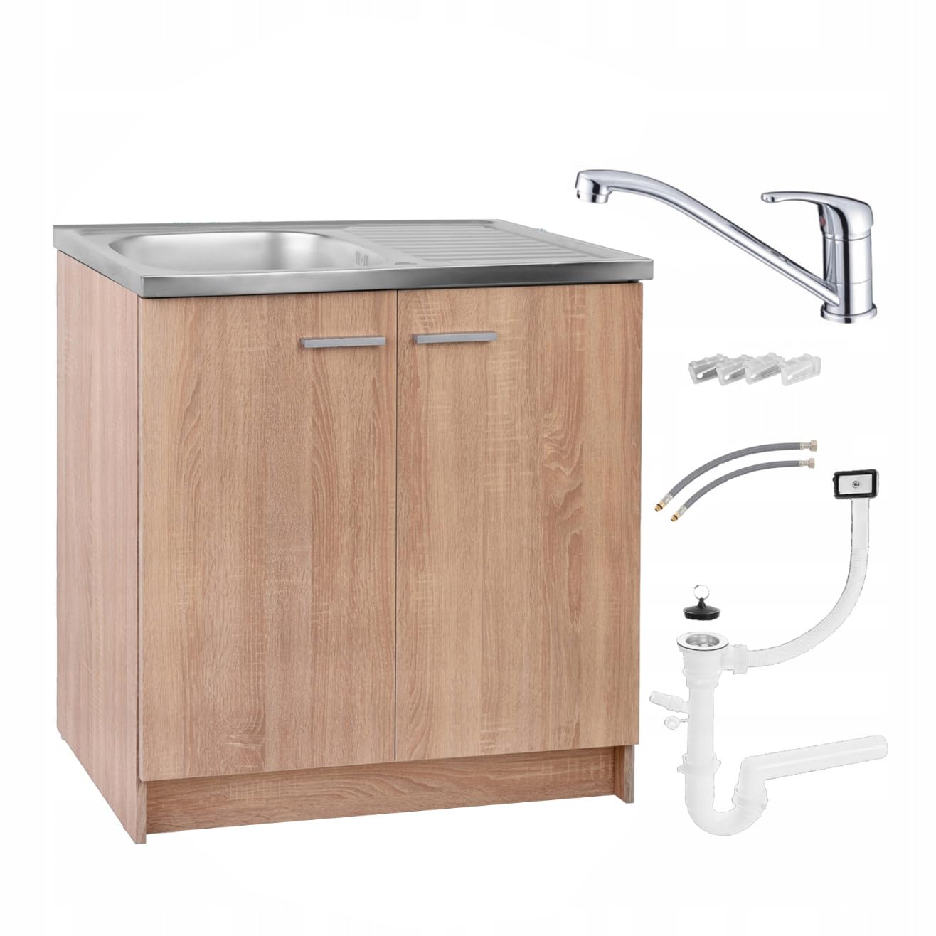 Armoire de cuisine - 80 cm - Chêne Sonoma - Robinet d'évier chromé - 46 cm de profondeur - Siphon prêt à monter - Personnalisable