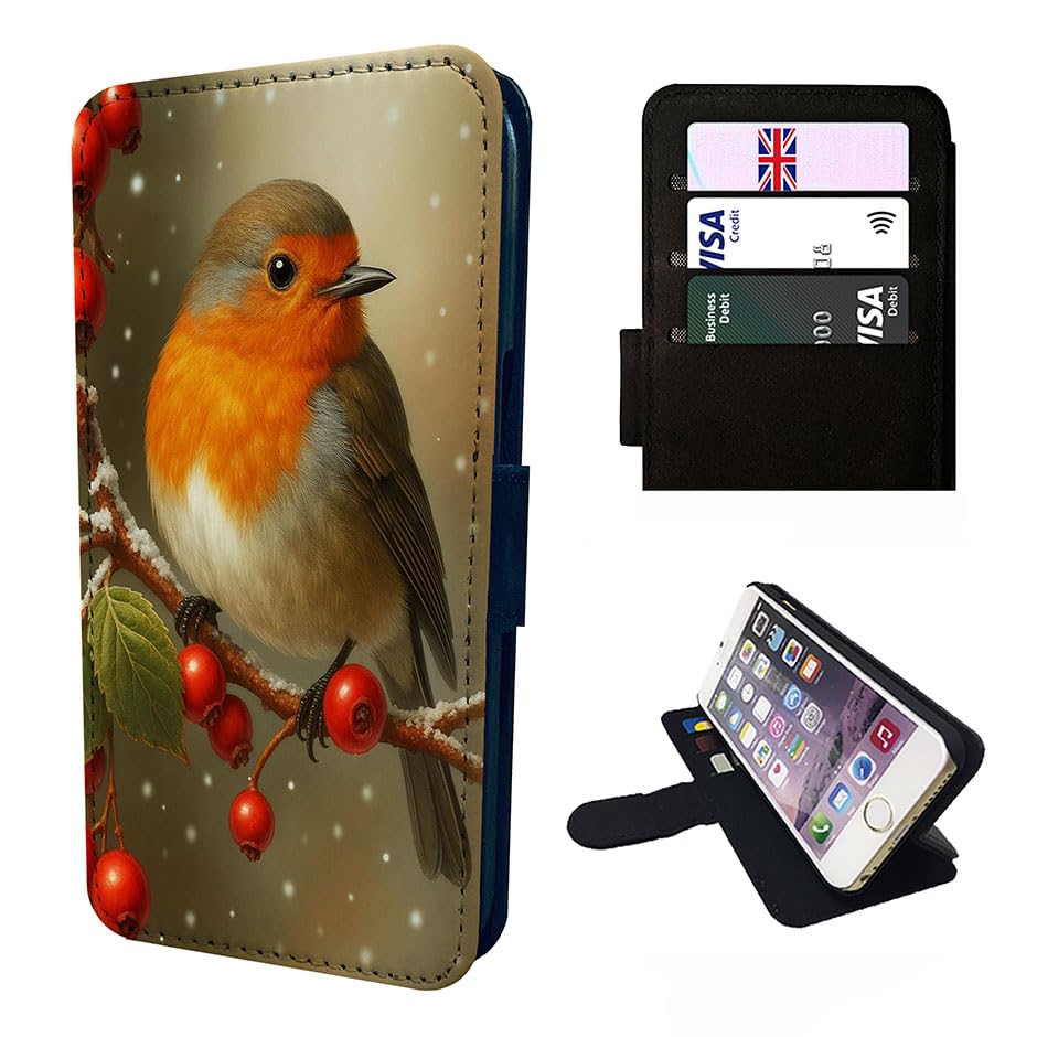 Festive Robin Wallet Phone Case Flip Cover Compatible with iPhone SE 7 8 X XR 11 12 13 14 15 16 16E 17 Plus Mini Pro Max – Faux Leather Christmas Robin Holly Print, Bird Lover Gift Black