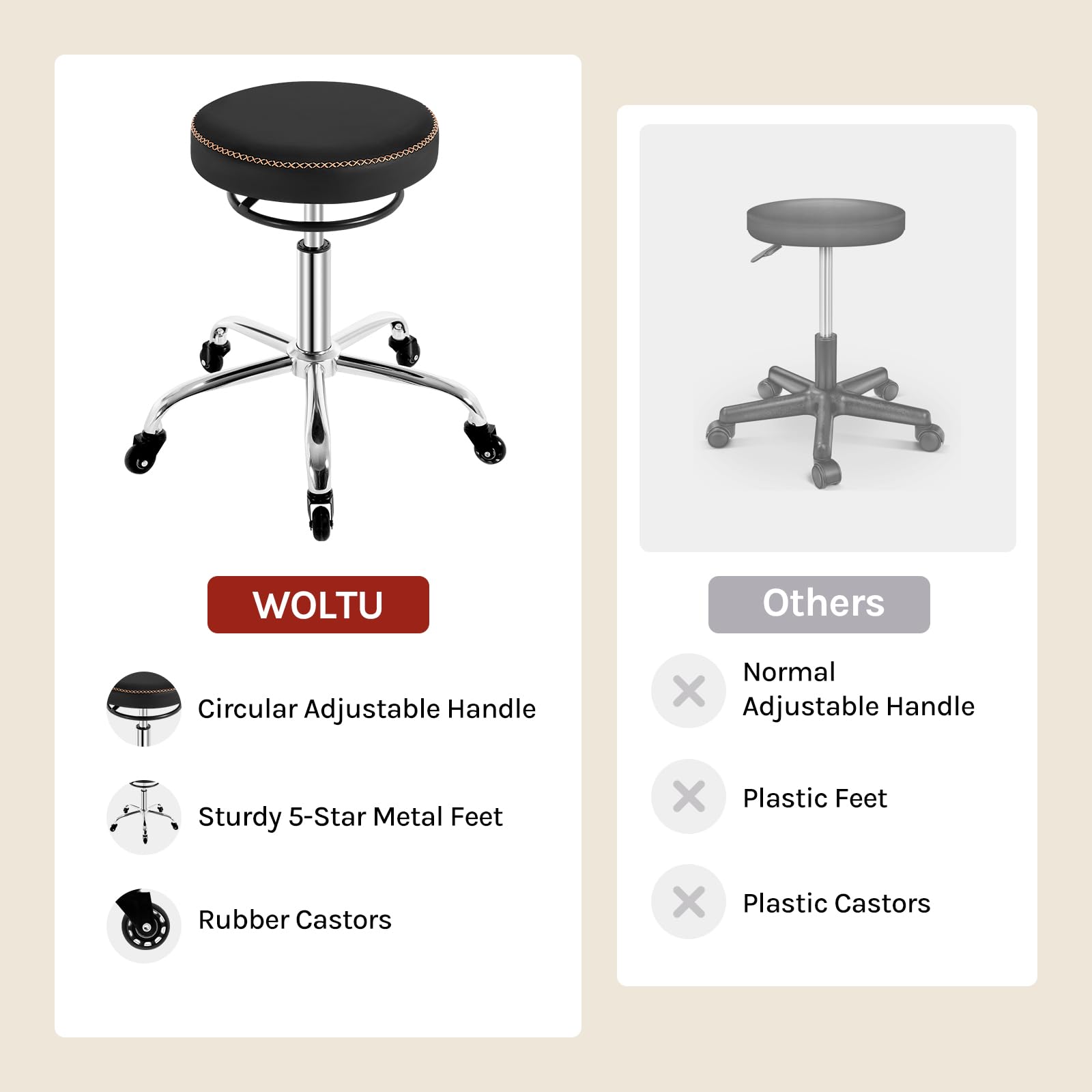 WOLTU BS180sz Rolkruk, in hoogte verstelbaar, 360 graden draaibaar, draaibare kruk met wielen, ronde kruk, werkkruk, zithoogte 46-58 cm, kunstleer, zwart