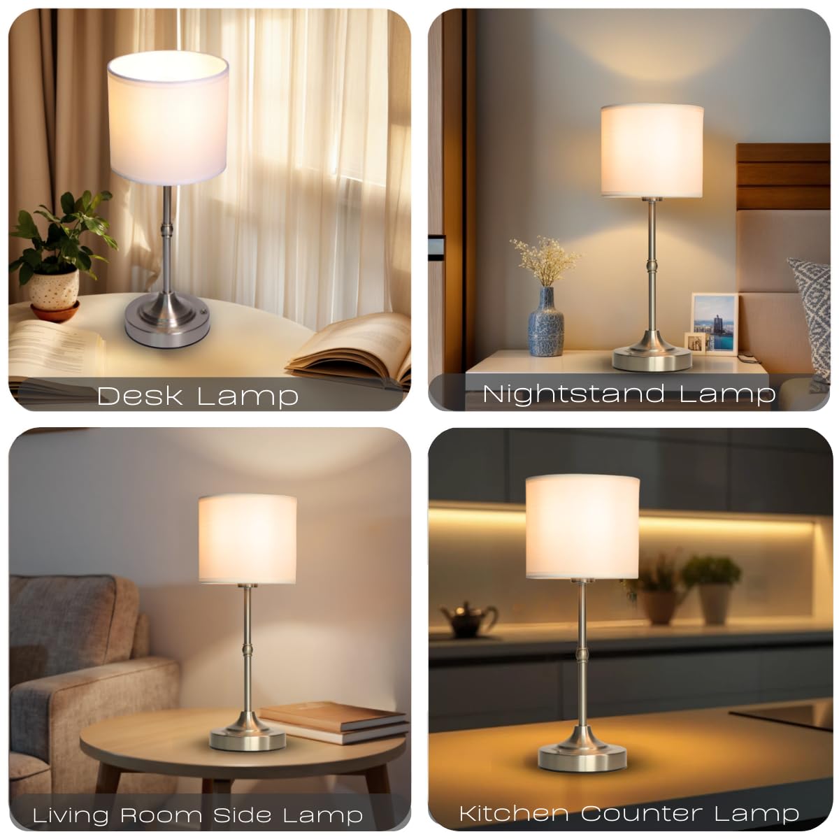 Lámpara de mesa recargable, lámparas táctiles inalámbricas, luz de escritorio portátil con brillo regulable continuo y pantalla de tela para mesita de noche, sala de estar (plata, recta)