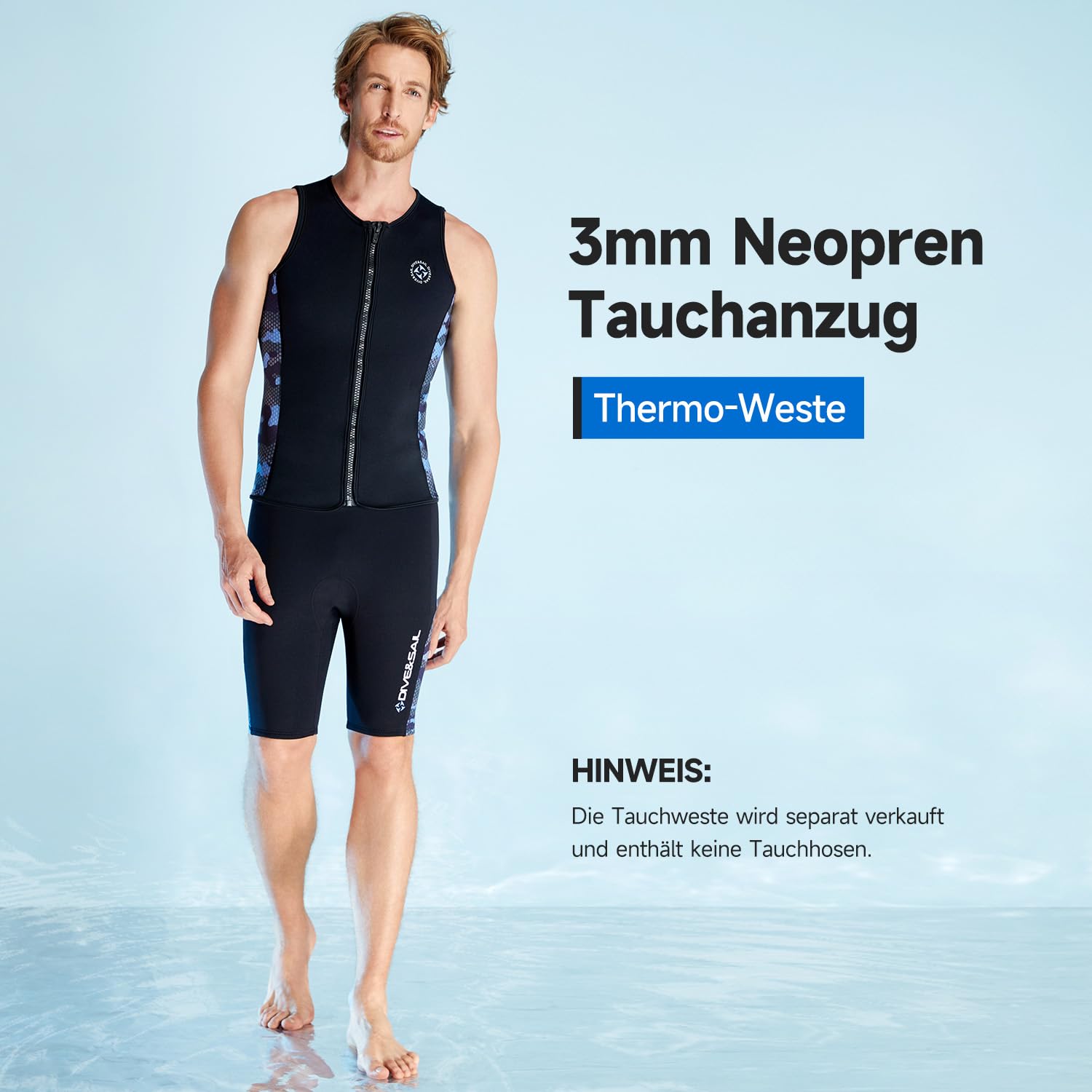Neopren Weste und Tauchtop, 3mm ärmelloses Nassanzug-Oberteil mit vorderem Reißverschluss und Flachnaht für Tauchen, Schwimmen, Kajaken und Surfen