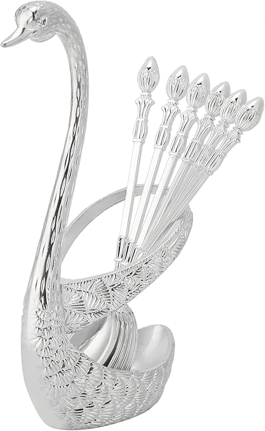 Stainless Steel Creative Dinnerware Set, Coffee Spoon Kit with Zinc Alloy Swan Shape Holder and 6 Piece Stainless Steel Coffee Spoon for Wedding Entertaining Table Decor (Silver), 5.9 x 2 x 3 in