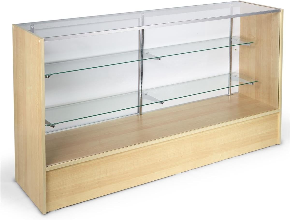 Displays2go Maple Store Counter with Shelves, Tempered Glass, Aluminum, Melamine – Honey (MRC6HMKD)