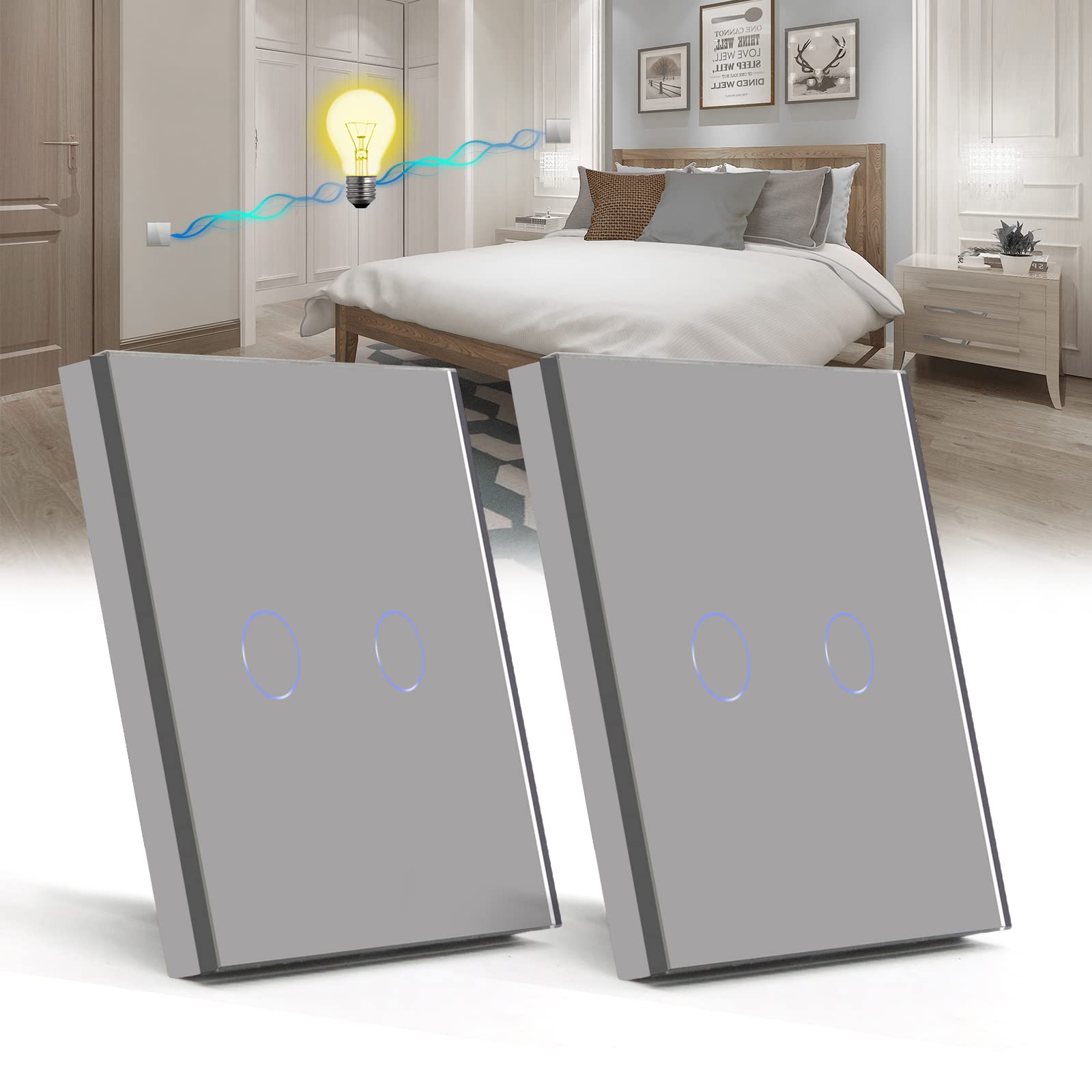BSEED 2 Pack Touch Light Switch 2 Gang 2 Way, Tempered Glass Panel Light Switches with LED Indicator, Grey Touch Sensitive Light Switch-No Neutral Wire
