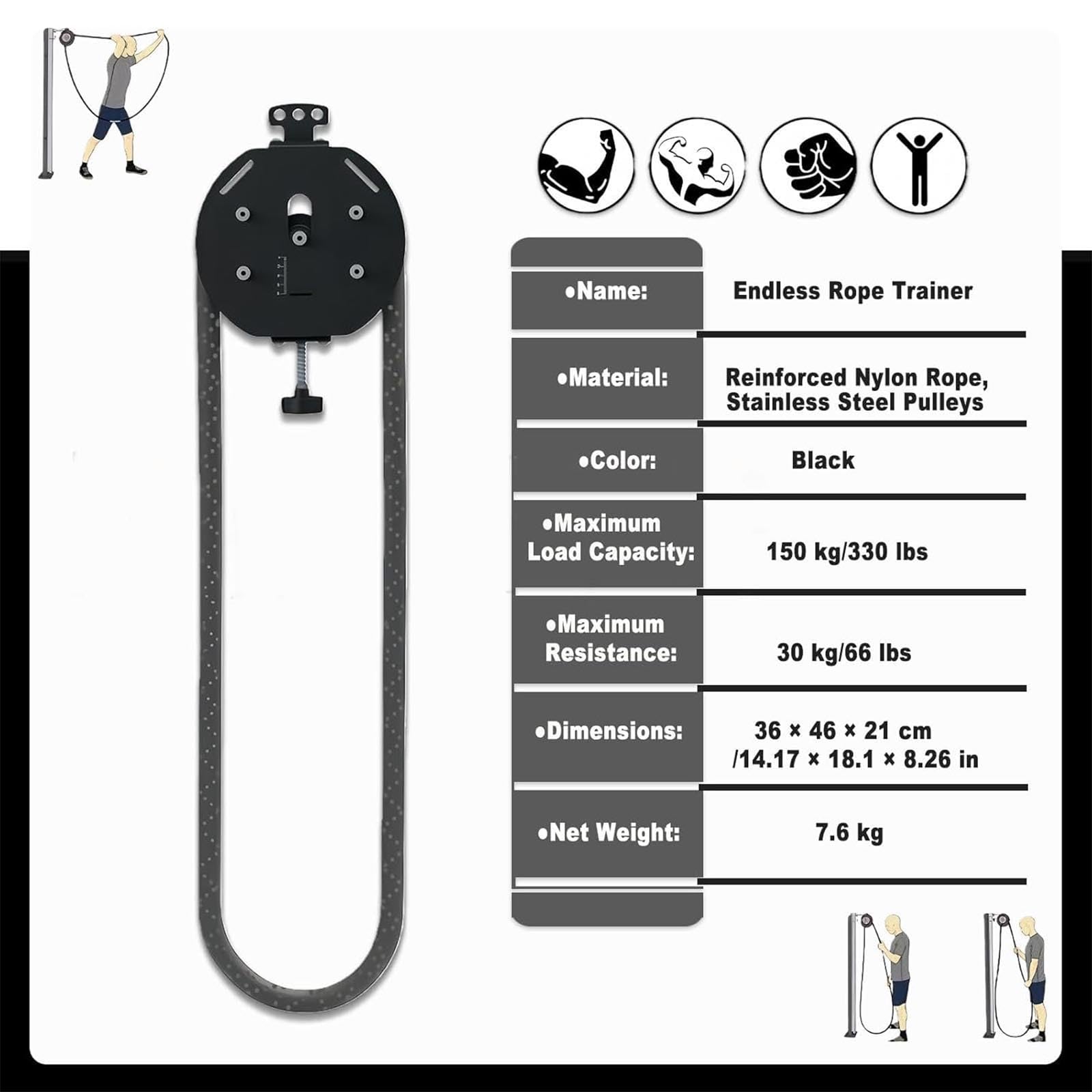 Entrenador de Cuerda de Tracción para Fitness, Máquina Sin Fin con Resistencia Ajustable, para Resistencia Muscular, Ejercicios aeróbicos extremidades Superiores,Negro