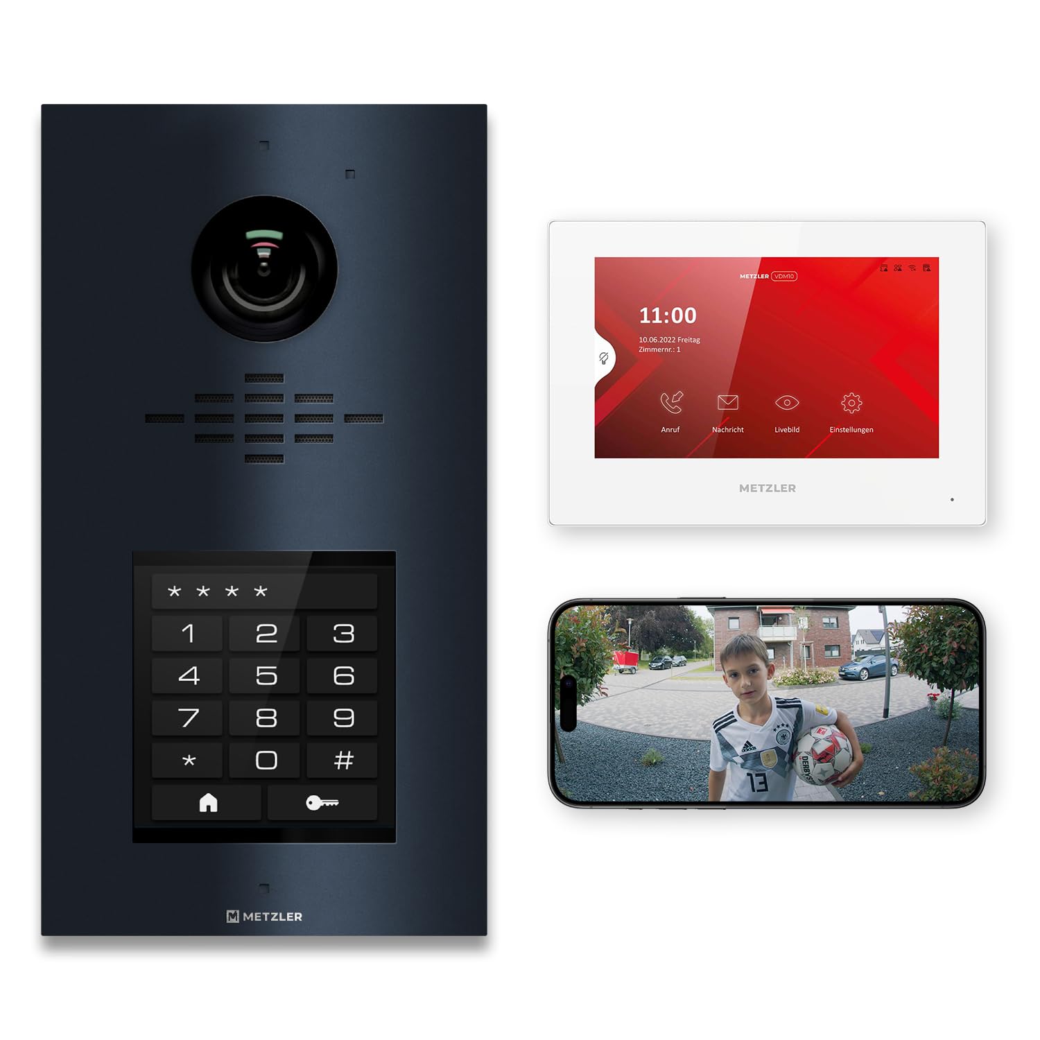 Metzler Video Sprechanlage für 1-500 Parteien Komplett Set - Anschluss 2-Draht - Türsprechanlage mit IPS Touchscreen-Display und 1x Innenstation Kit, Anthrazit aus V2A Edelstahl | VDM10 2.0 Horizon