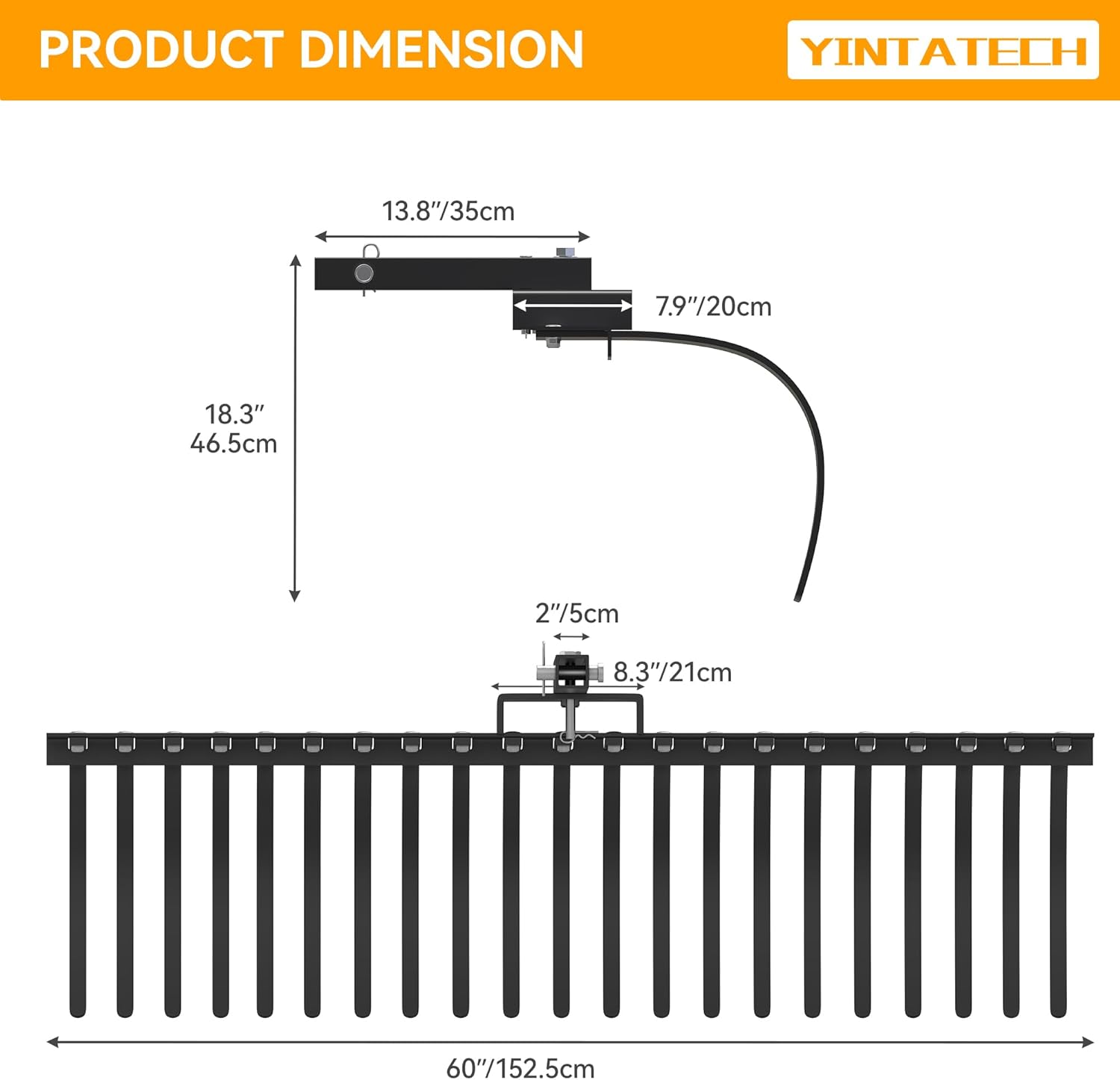 YINTATECH 60 in Tractor Rake with 2" Receiver for ATV, Tow Behind Pine Straw Rake, 21 Spring Steel Tines
