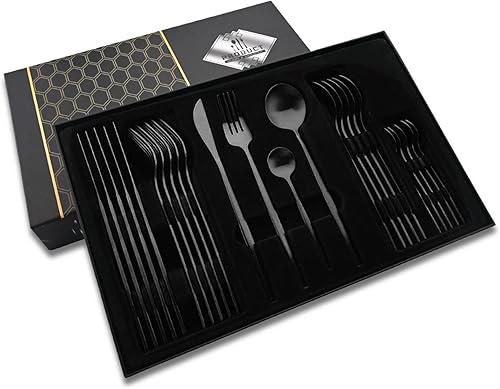 JASHII Juego de cubiertos de regalo, juego de cubiertos de acero inoxidable de 24 piezas, utensilios de cocina, cuchillo, tenedor, cuchara con caja