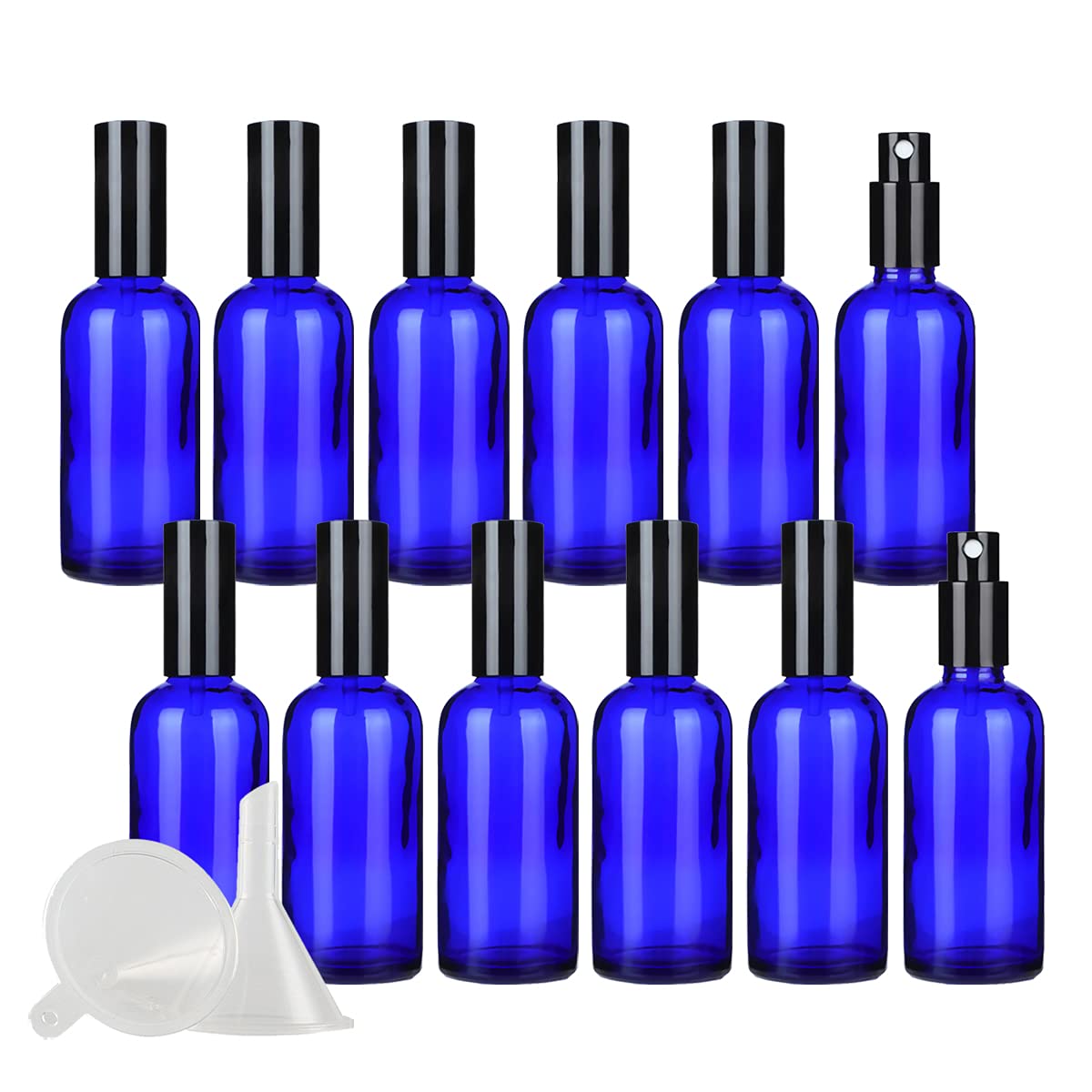 12 Piezas 100ml Frasco de Vidrio Azul con Pulverizador Negro Botella de Cristal con Bomba en Spray Vacía Reutilizable Ideal para Perfume o Composición con Aceites Esenciales Embudo