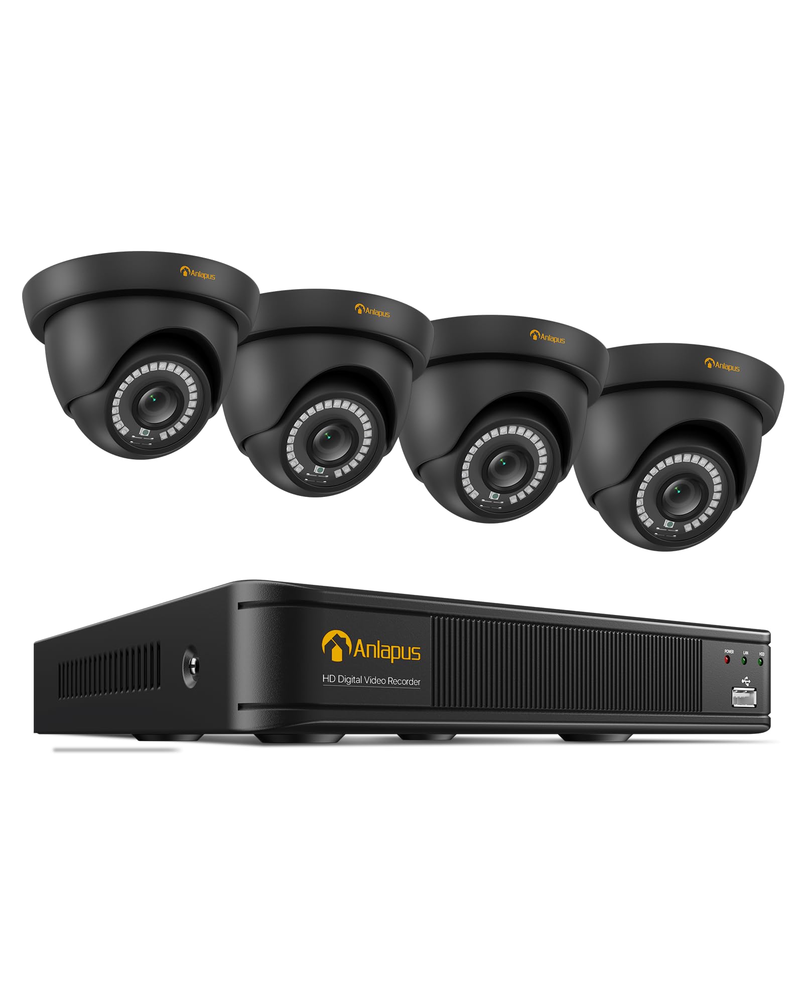Anlapus 1080P Überwachungskamera Set Außen ohne HDD mit Kabel | 8CH H.265+ DVR, 4X 2MP Domekameras Videoüberwachung, KI Personen- & Fahrzeugerkennung, IP66 Wasserdicht, IR Nachtsicht