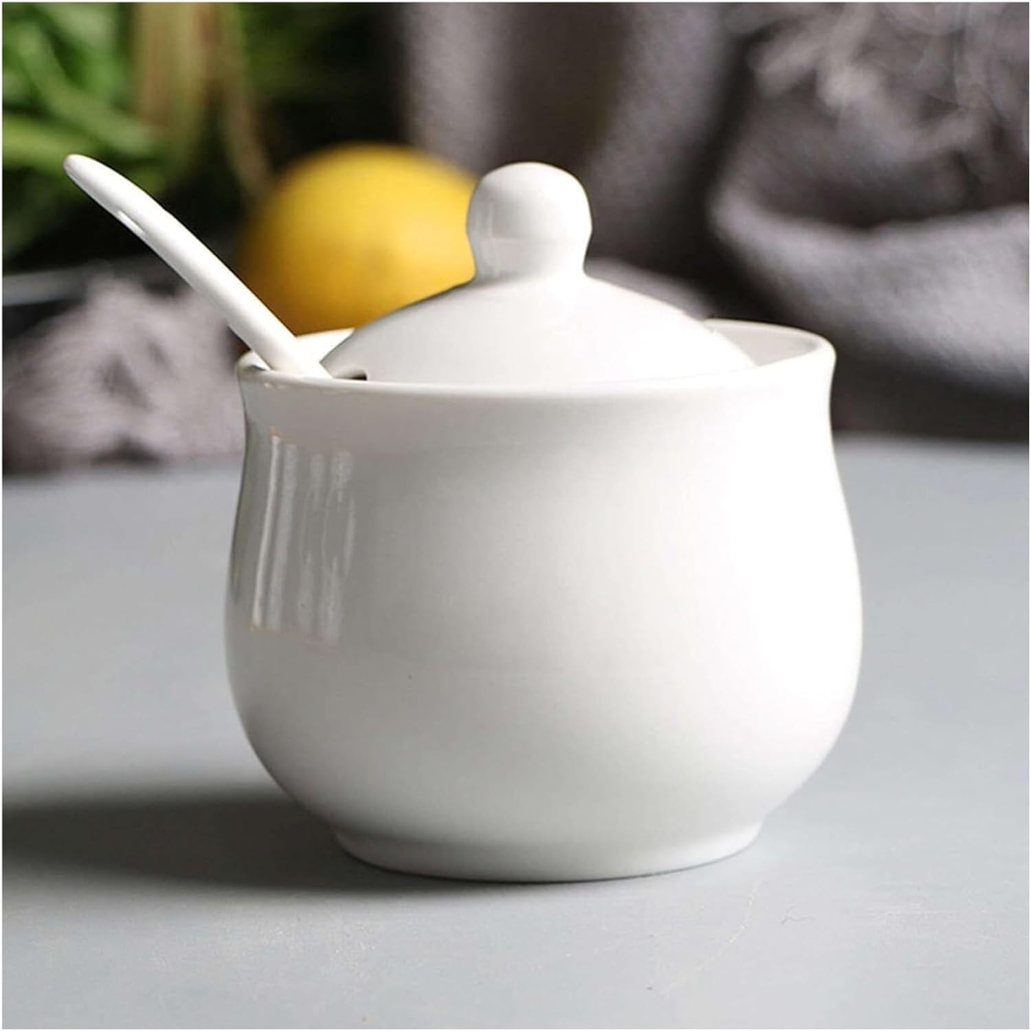 Sugar bowl,Sugar Bowl,White Sugar Bowl with Lid and Spoon, Ceramic Salt Pot Storage Canister, Hand Drawn Pattern Spice Jar, Kitchen Decoration, Coffee Bar(White 3)