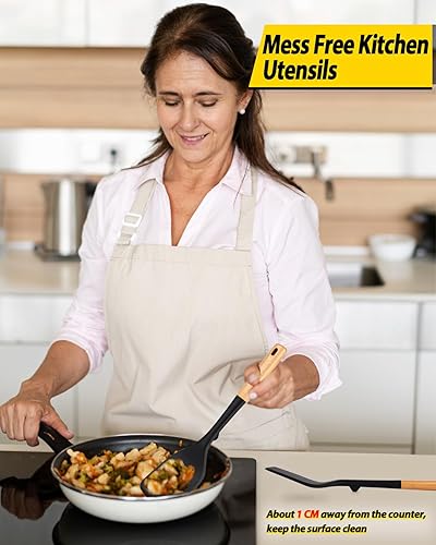 Miniatura 4 de Paquete de 2 espátulas grandes de silicona, espátulas sólidas resistentes al calor, espátulas ranuradas antiadherentes con mango de madera,