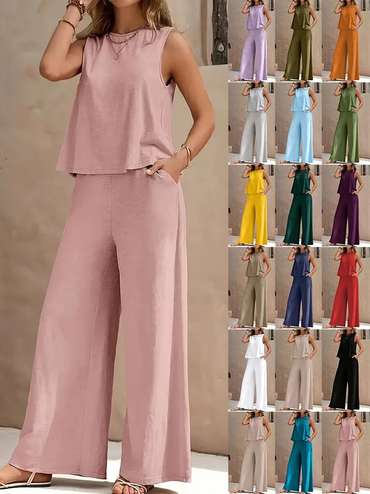 Ensemble Femme Ete Pantalon et Haut 2 pièces Ensembles Pantalons Taille Haute Jambes Larges + Débardeur Top Col Rond Tenue de Plage Casual