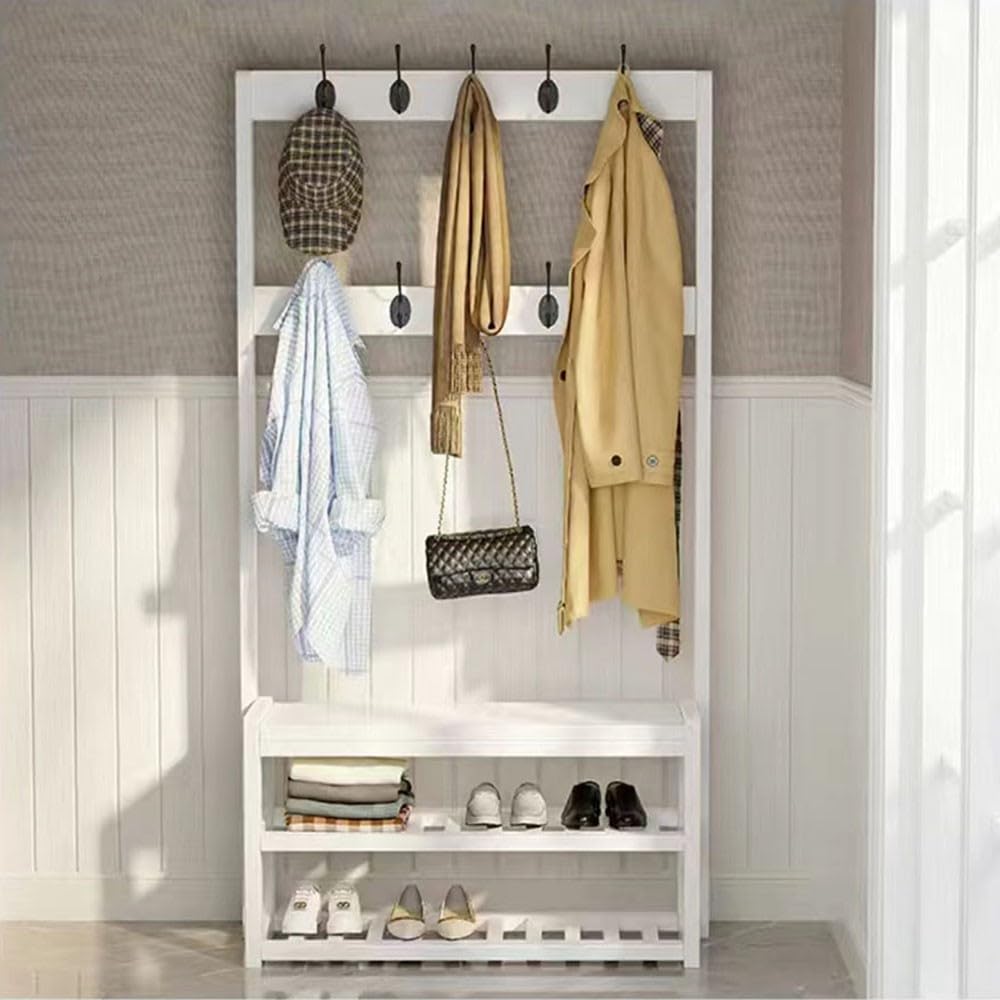 GDMDPTE Freestanding Coat Rack with Shoe Bench 2-Tier Shoe Storage for 6-8 Pairs Entryway nizer with Hooks Easy Assembly Ideal for Living Room & Hallway