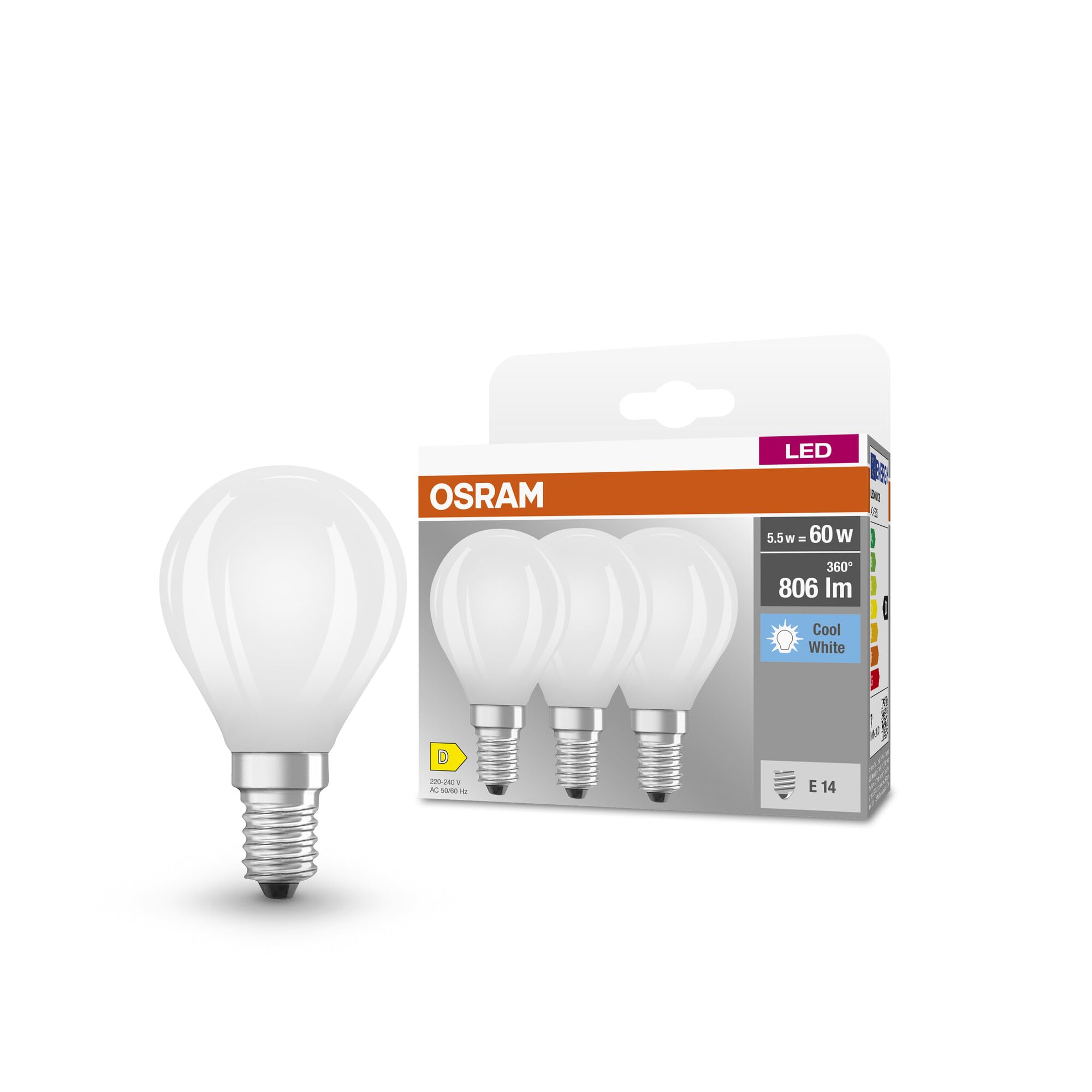 Osram Cold White Star Filament Lamp, E14-Base Frosted Glass, (4000K), 806 Lumen, 60W-Replacement, Non-Dimmable, 3-Pack