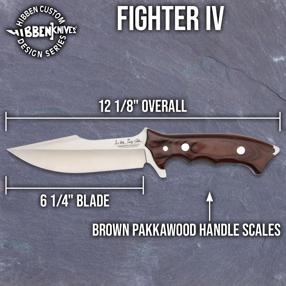 Gil Hibben Legacy Fighter IV with Leather Sheath | 5CR15MOV Stainless Steel Blade | Finger Grooved Pakkawood Handle Scales | For Outdoors and Everyday | Overall Length 12 1/8”