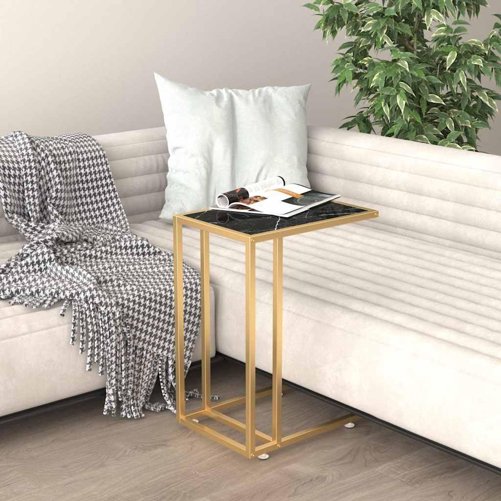 Table d'Appoint Ordinateur Marbre Noir 50x35x65 cm Verre Trempé