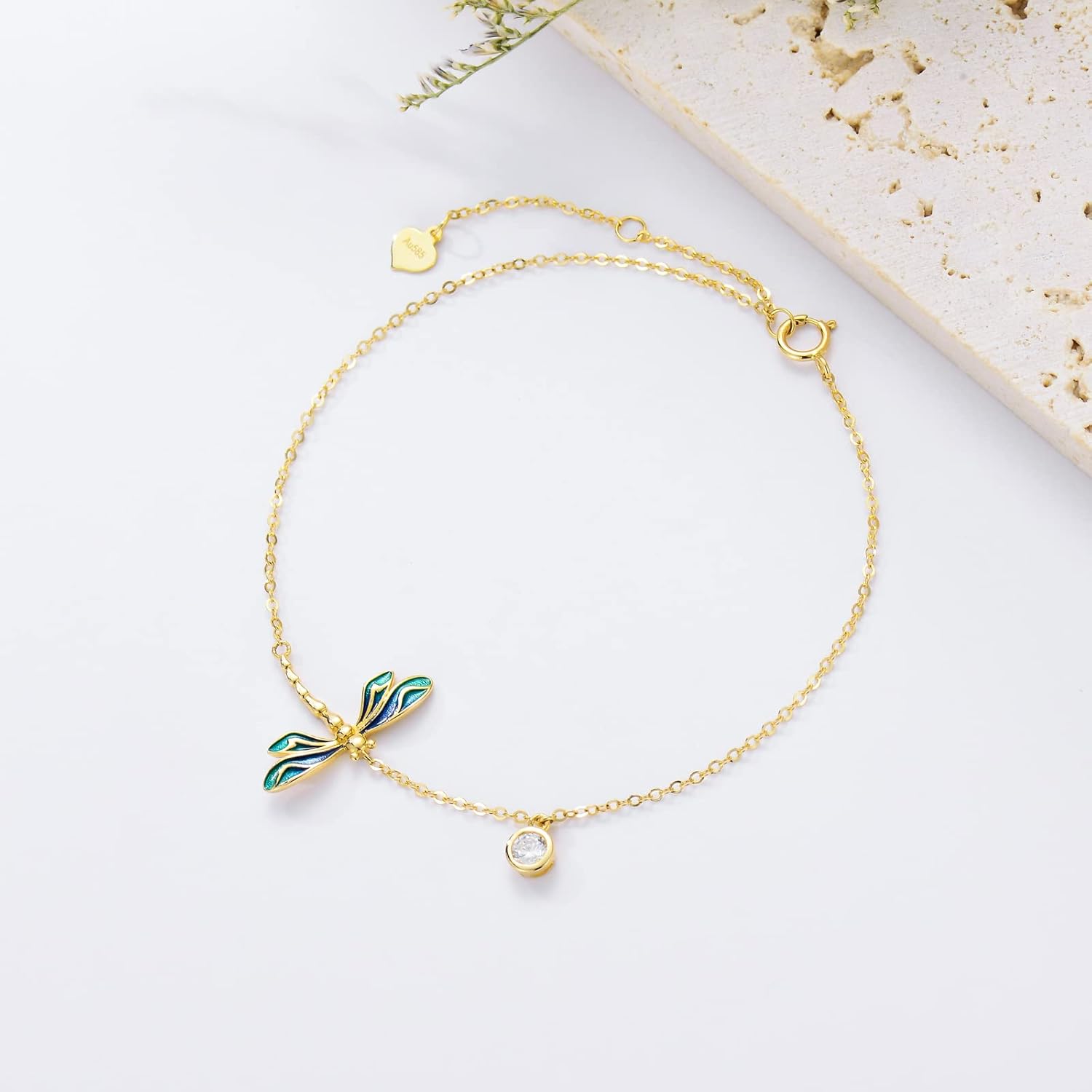 SISGEM 10k Gold Dragonfly Bracelet for Women, Solid 10 Karat Gold Animal Lover Wrist Jewelry Gifts for Her, 6.8"+0.8"+0.8"