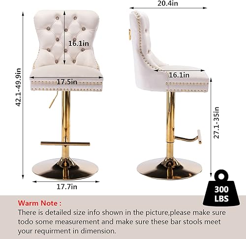 Miniatura 2 de Aoowow Juego de 2 taburetes de bar giratorios de terciopelo, taburetes de bar tapizados en altura ajustable en altura, moderno taburete de cocina