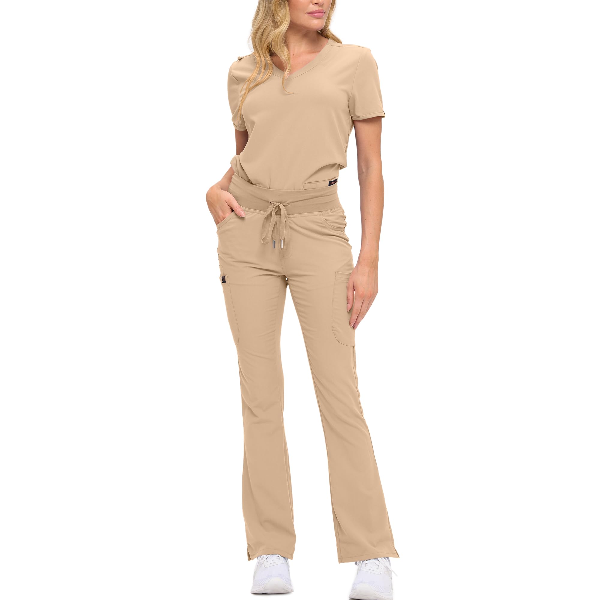 Womens Soft Stretch Scrub Set With Nine Pockets V-Neck Top High-Waisted Bootcut Pants