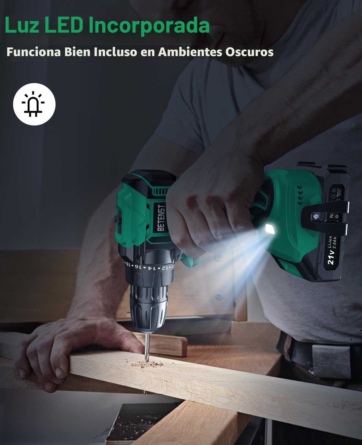 Taladro Atornillador Batería Sin Escobillas, BETENST Atornillador Electrico 21V con 2.0Ah Baterías, 45N.m Taladro Inalámbrico, 20 Ajuste de Par, 20 Accesorios, 2 Velocidad, Luz LED Para Bricolaje