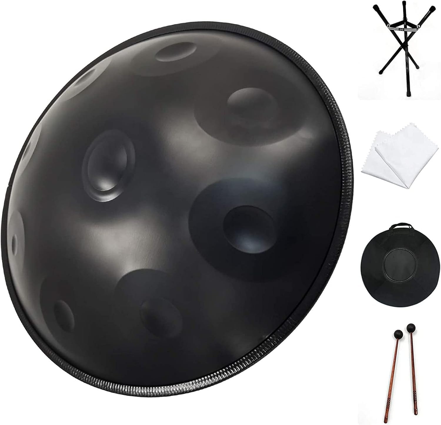Ręczny instrument bębnowy D-moll 9 nut 56 cm stalowy bęben ręczny z miękką torbą na patelnię, 2 młoty ręczne, stojak na patelnię, ściereczka wolna od kurzu