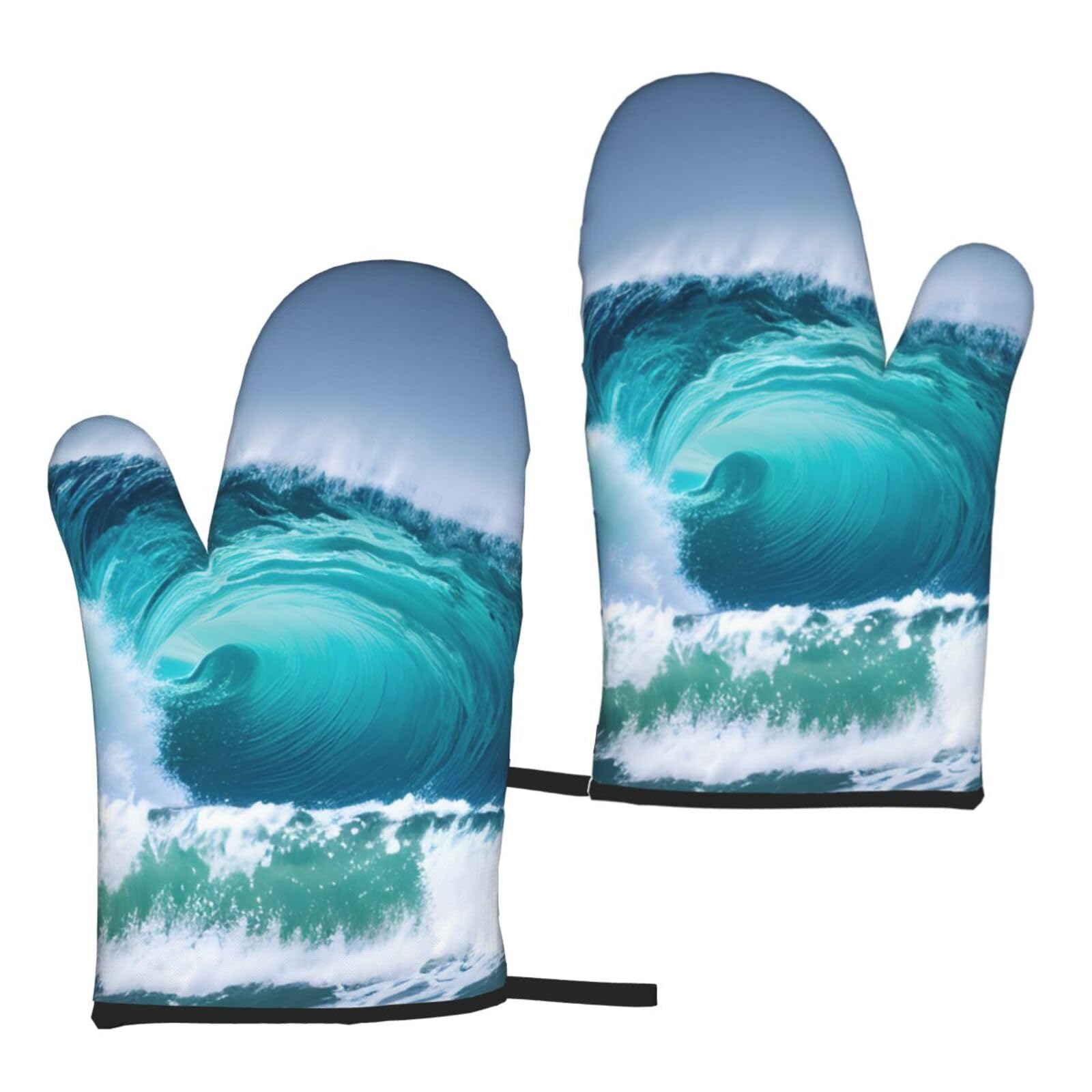 Ocean Wave Print Heat Resistant Universal Fit Oven Microwave Gloves Home Cooking Baking Grilling