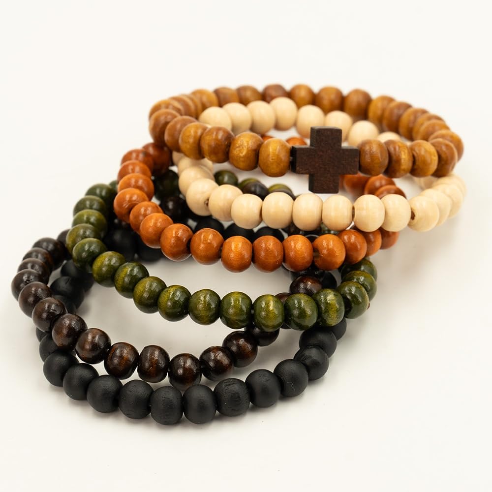 Zestaw 6 bransoletek z koralików drewnianych Stack, Cross Bangle - Bransoletki z koralików dla kobiet i mężczyzn, 8 mm okrągłe, elastyczne bransoletki z koralików, unisex, do jogi