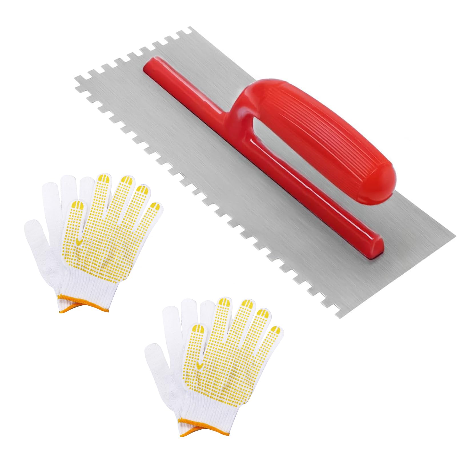 Ygcqfh Red 280Mm X 120Mm Notched Tile Trowel, Tiling Trowel For Tile Adhesive, Stainless Steel Tile Adhesive Spreader With 2 Anti-Slip Gloves, Multi-Use Plastering, Bricklaying & Flooring Tool