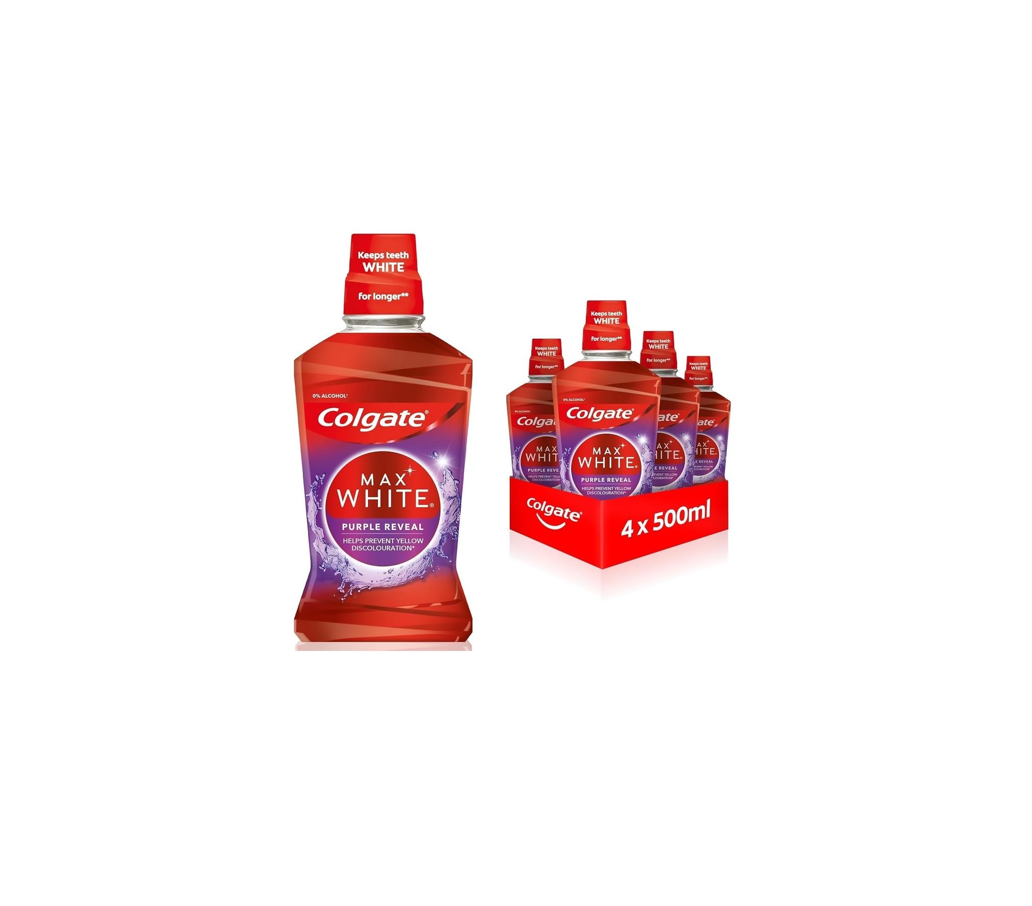 Colgate Max White Purple Reveal Mouthwash (4 x 500ml) | teeth whitening mouthwash | keep teeth white for longer* | lasting stain prevention** | helps prevent yellow discolouration***