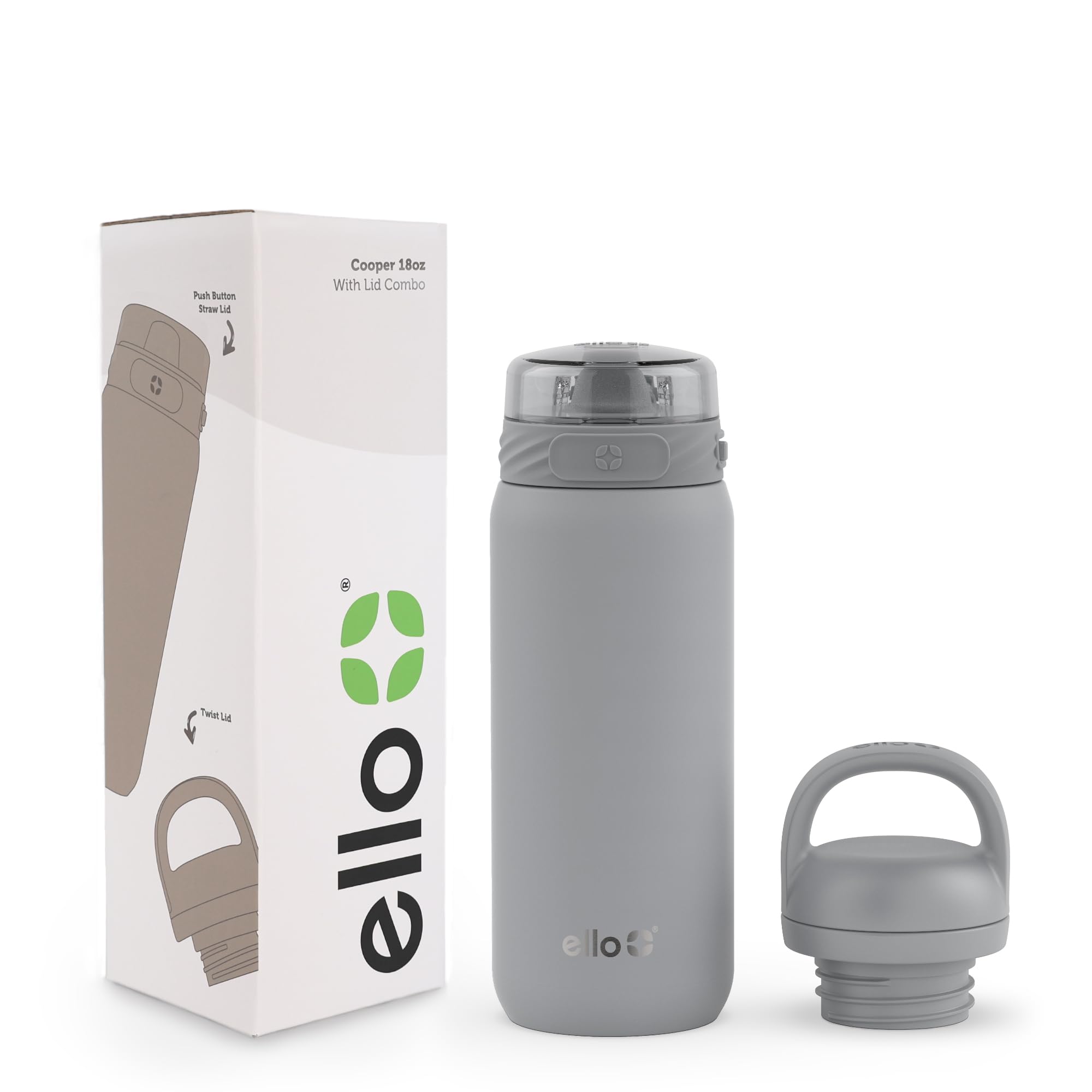 Ello Cooper 18oz Kids Stainless Steel Water Bottle with 2 Lids Chug and Straw | Leak Proof Double Walled and Vacuum Insulated | Fits Car Cupholder | Built in Carry Loop | Dishwasher Safe | Gray