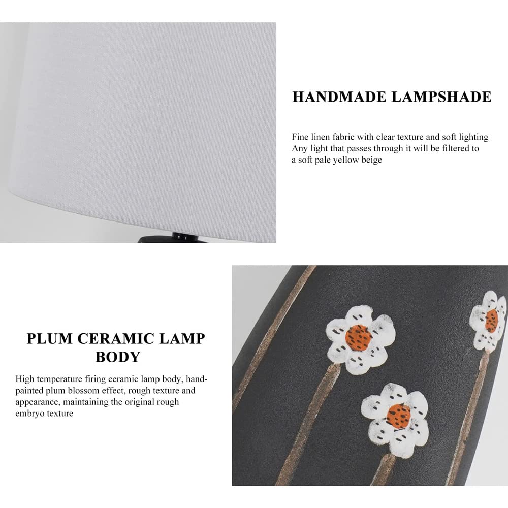 Prosta dekoracyjna domowa ceramiczna lampa stołowa z malowaną śliwką, szara lampa nocna z kloszem w kształcie bębna z tkaniny 20,4-calowa lampa stołowa na biurko