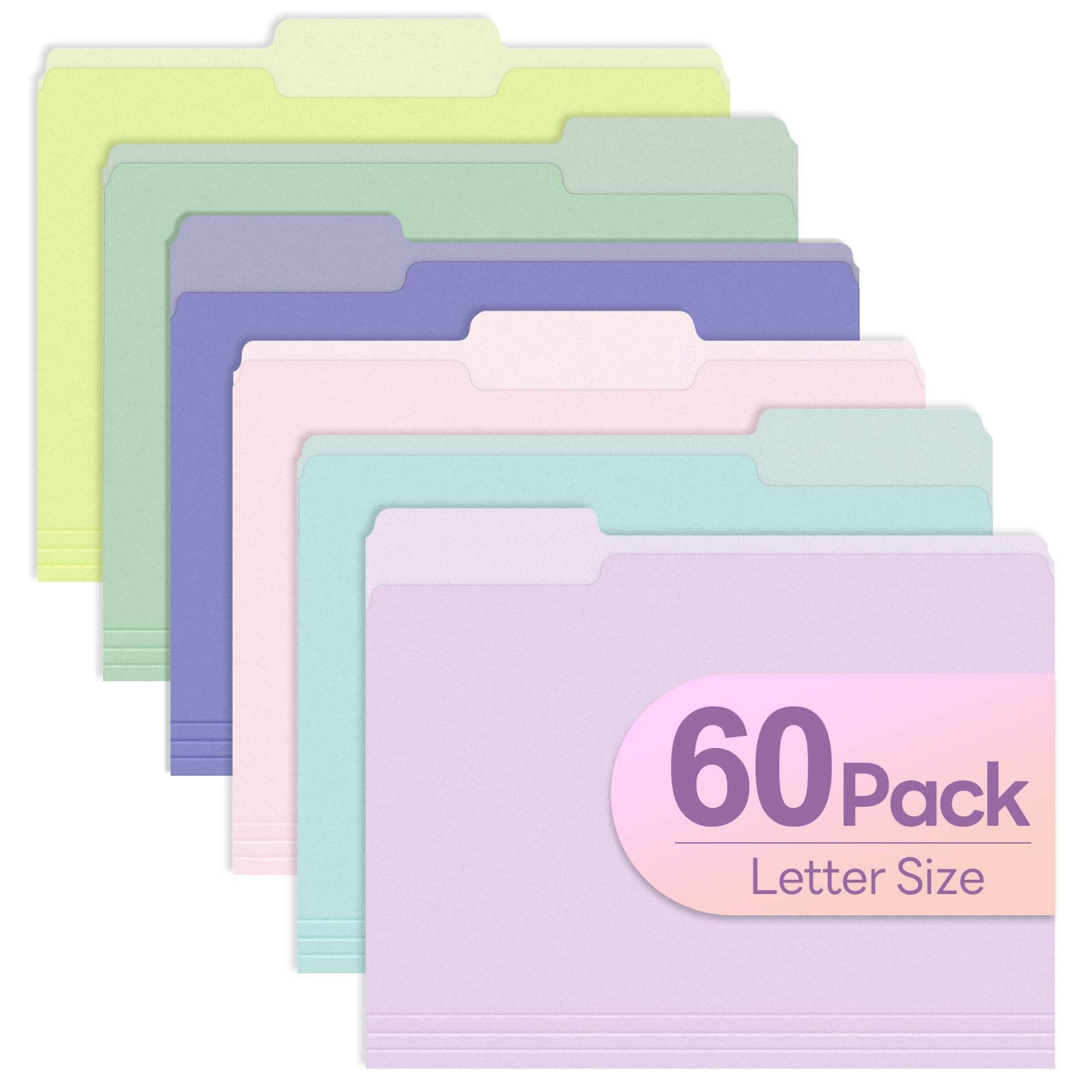 Piasoenc Color File Folders Set of 60, 1/3 Cut Tab, Letter Size Folder for 8.5 x 11 Documents Files, Assorted 6 Colors Filing for Office School