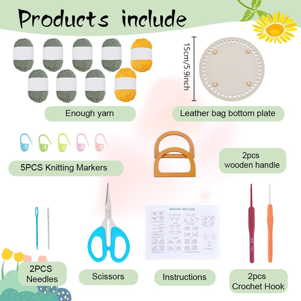 FREEBLOSS Crochet Bag Kit Sunflower Handbag Knitting and Crochet Kit with Wood Handle English Instructions Handbag Making Kit for Craft Crocheting Kit for Beginners