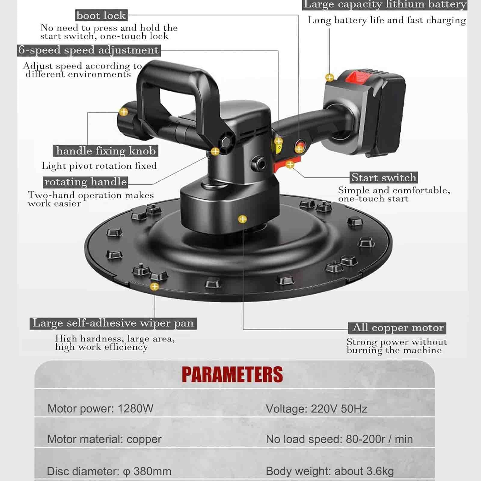 Intonacatrice senza fili, kit di cazzuola elettrica da 21 V, strumento portatile per intonacare malta per calcestruzzo con controllo a 6 velocità e motore brushless per finitura del calcestruzzo