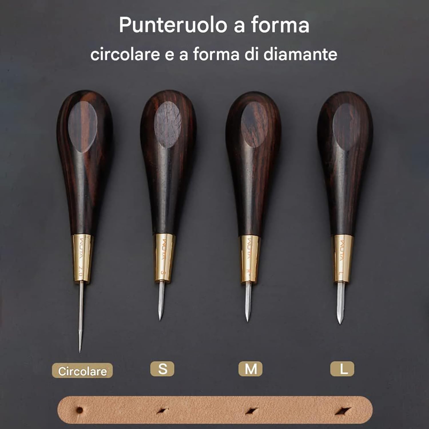 WUTA Punteruolo, ebano Blackwood & ottone punteruolo cucito, strumento in pelle per la lavorazione della pelle di cuoio(S+M+L)