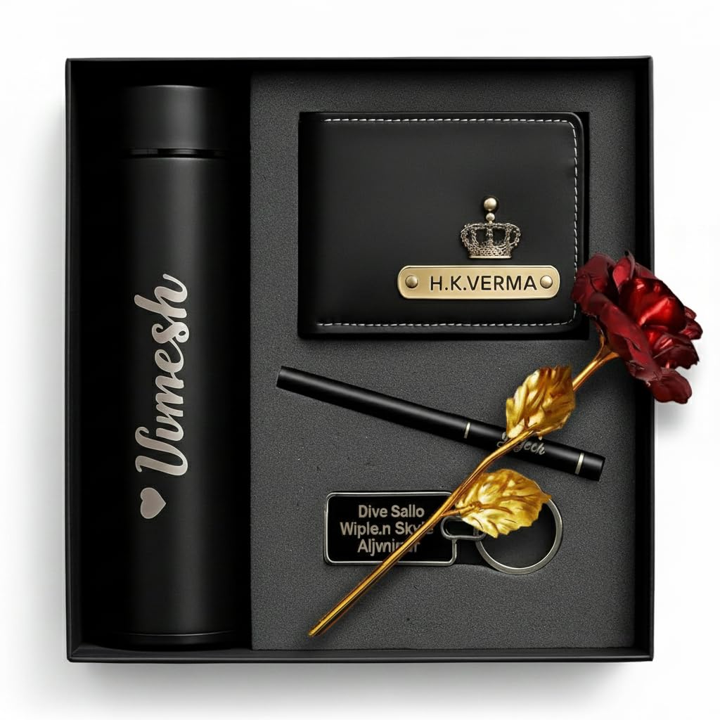Saanvi Crafts Personalized Luxury Men’s Gift Set – Customized Wallet, Name Bottle, Pen, Keychain & Artificial Rose | Ideal Gift for Birthday & Anniversary-picture-32