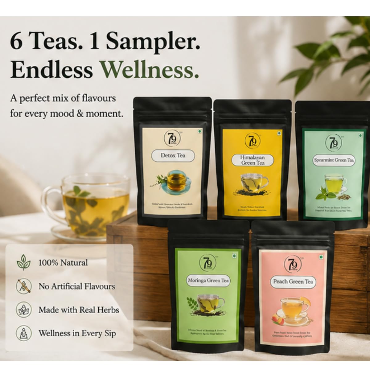 79Degree Green Tea Sampler, 100% Natural 5-Flavor Variety, Loose Leaf Functional Blends for Immunity and Stress Relief, 125 gm