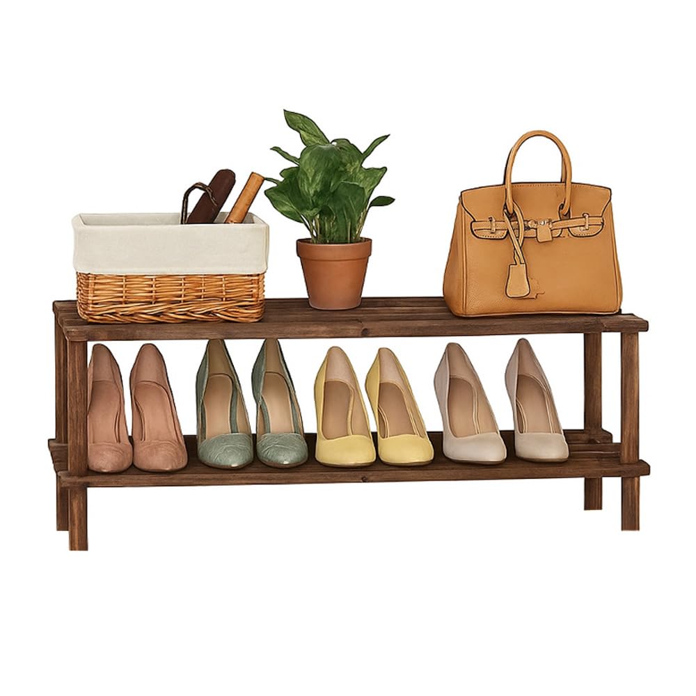 Wooden Shoe Rack - Footwear Storage Organiser Unit Shelf Dvd Books Tier Slated | Storage Stackable Organiser Multi-use - Easy To Assemble, Space Efficient, Hallway Front Door (Dark Oak Effect, 2 Tier)