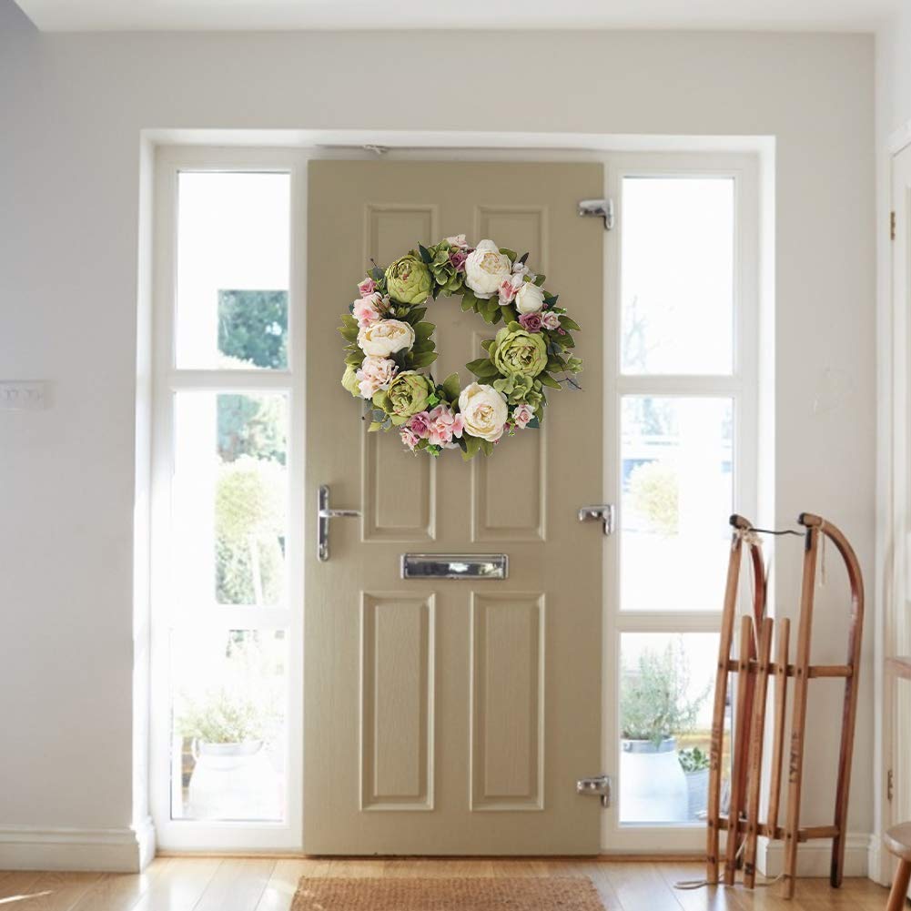 Künstliche Blumenkranz Frühlings-Kranz Artificial Peony Hydrangea-Blumen-Tür-Kranz mit Blumen Deko frühling Deko Kranz,Deko Wandkranz Girlande Kunstpflanzen Hängen Kranz für Frühling und Sommer,40cm