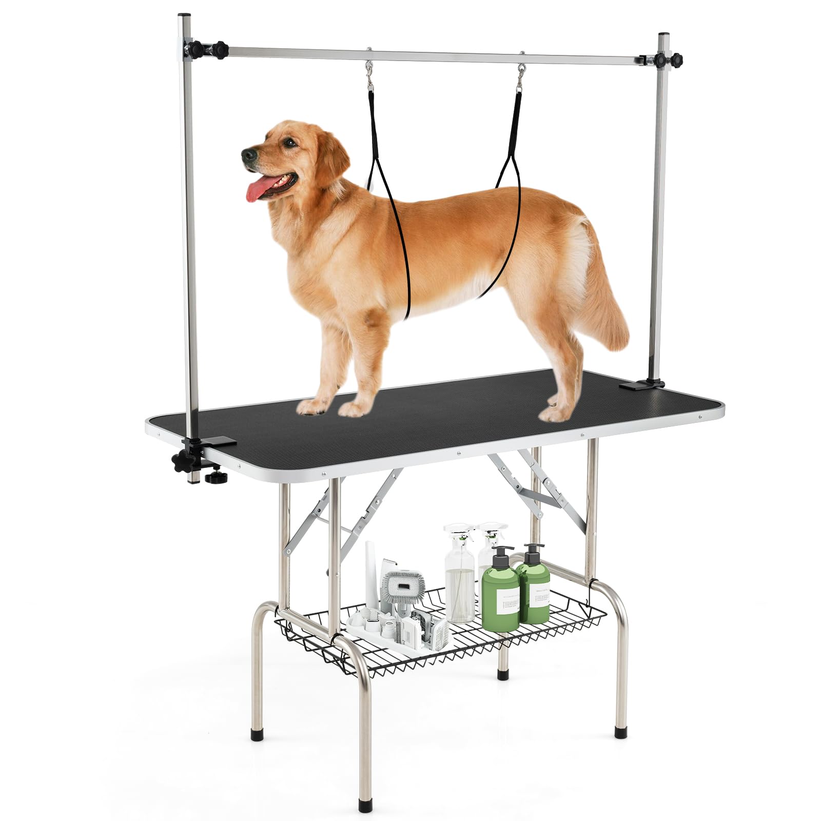 GYMAX Pet Grooming Table, 47'' Foldable Dog Grooming Table with Height Adjustable Arm, Loop Noose, Storage Basket, Portable Cat Drying Trimming Station for Large Dogs Cats