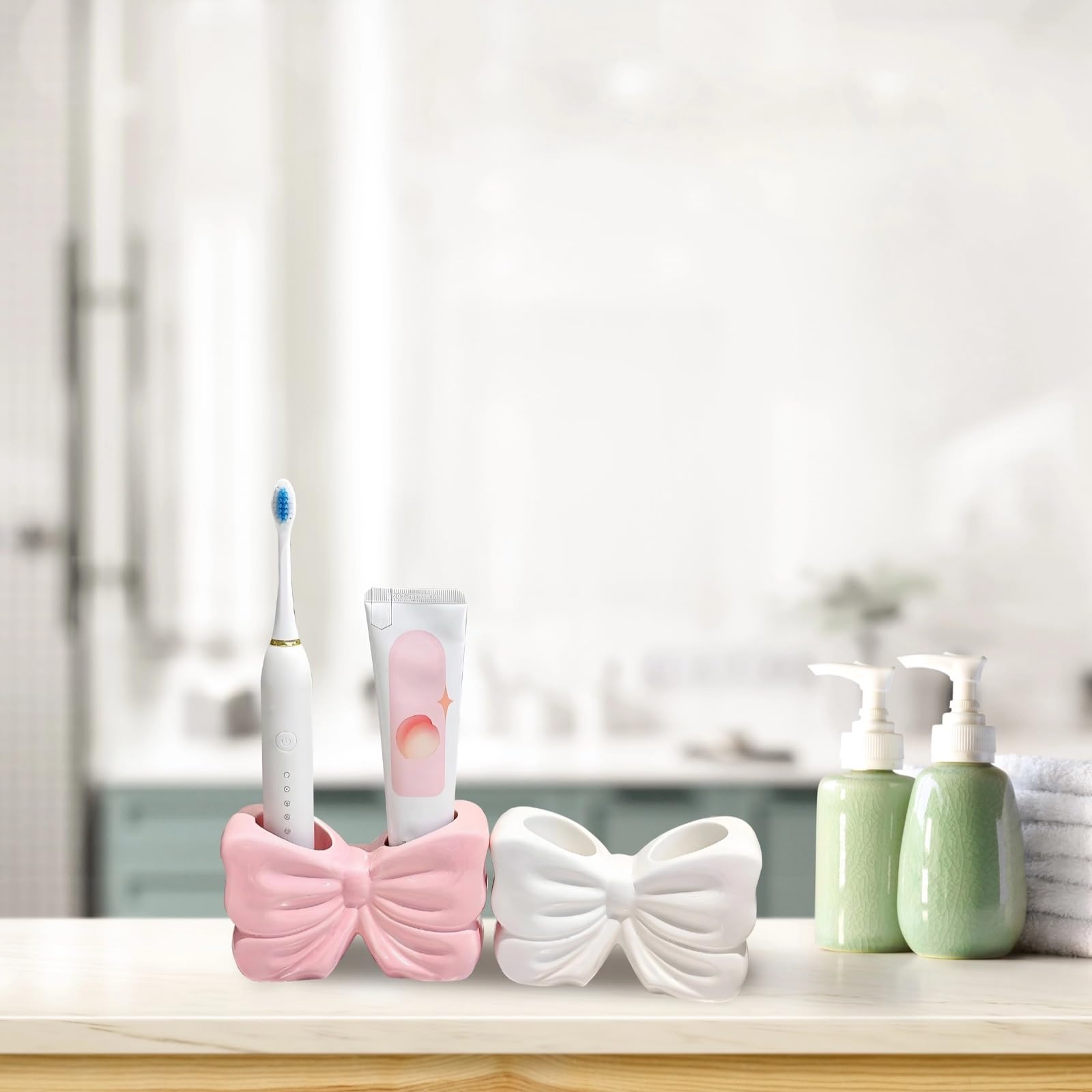2 soportes de cerámica para cepillos de dientes con diseño de lazo, organizadores a prueba de humedad y accesorios de baño blancos para cepillo de dientes y pasta de dientes