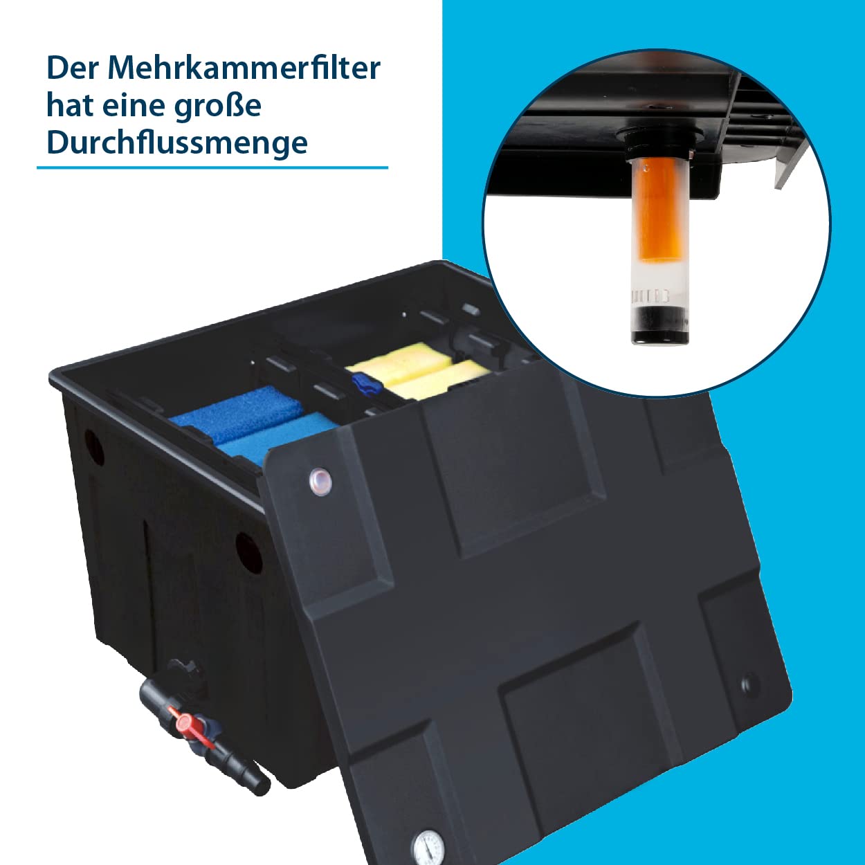 AquaForte MBF-550 Mehrkammerfilter, Größe 69*52*40 cm, Max. Teichkapazität 24 m³ ohne Fische, Max. Durchfluss 12 m³/h, Einfach zu installieren und zu reinigen, Geeignet für verschiedene Filtermedien