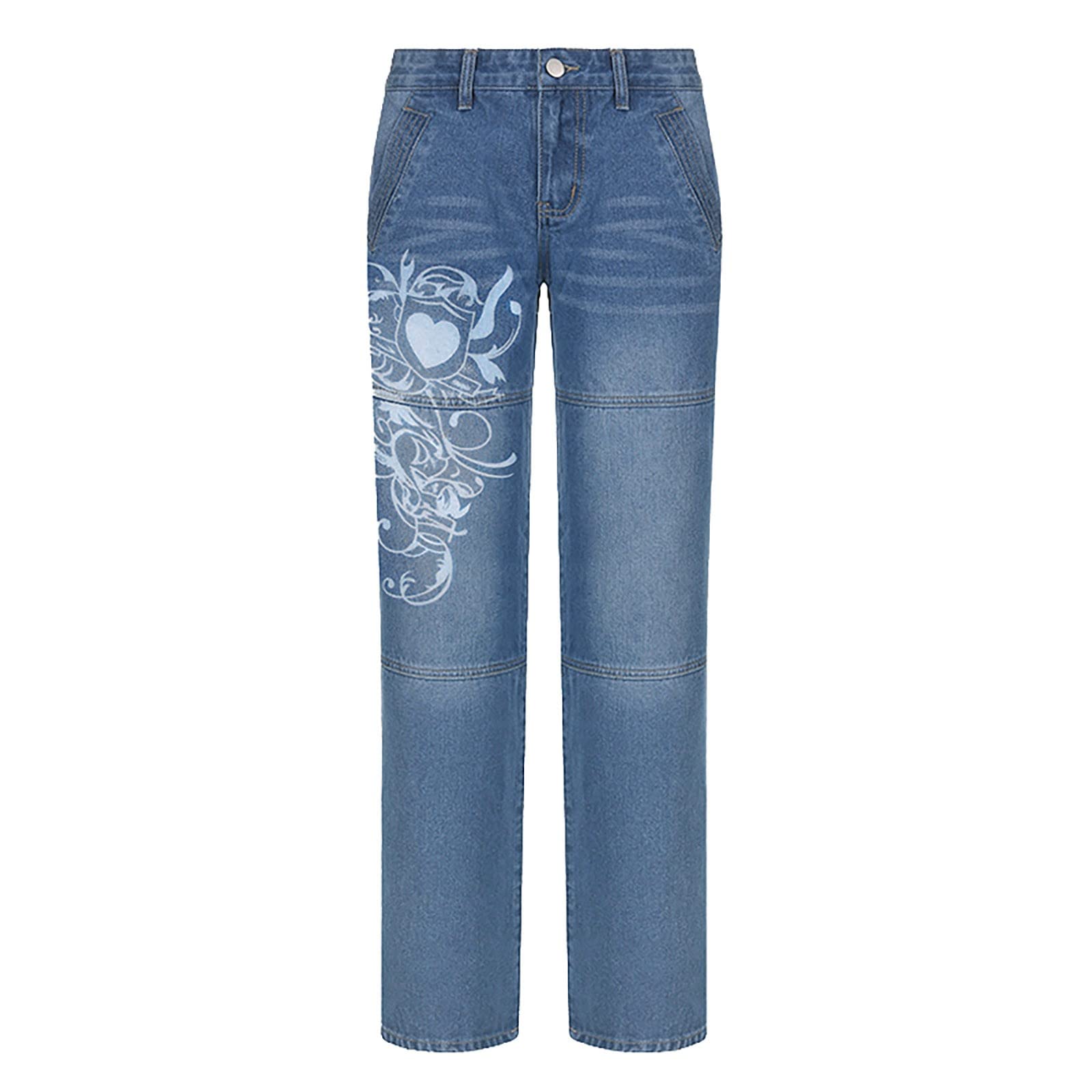DGZTWLL - Pantaloni da donna con borchie, a vita bassa, stile anni '90, con stampa, gamba dritta, svasati, streetwear