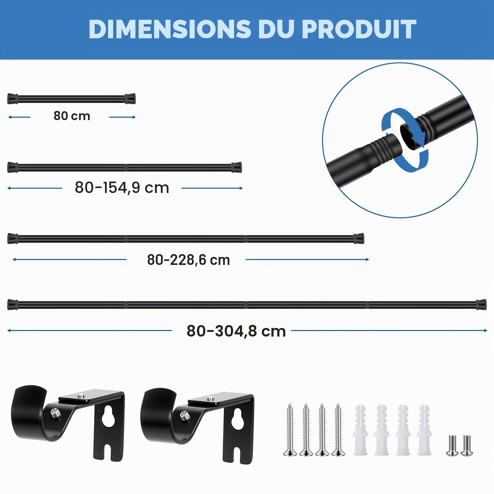 Tringles à rideaux robustes pour fenêtres 80 cm - 231 cm, ensemble de tringles ajustables de 2,54 cm avec supports, tringle métallique pour rideaux pour chambre, cuisine, salon 25LMG91BLK